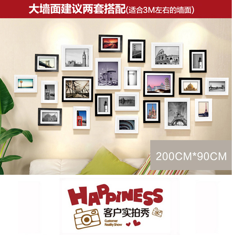 
                                        柠檬树 实木照片墙欧式相框组合相片墙创意像框简约现代挂墙 黑+白 送经典建筑画芯 7寸(8个)+10寸(3个)                