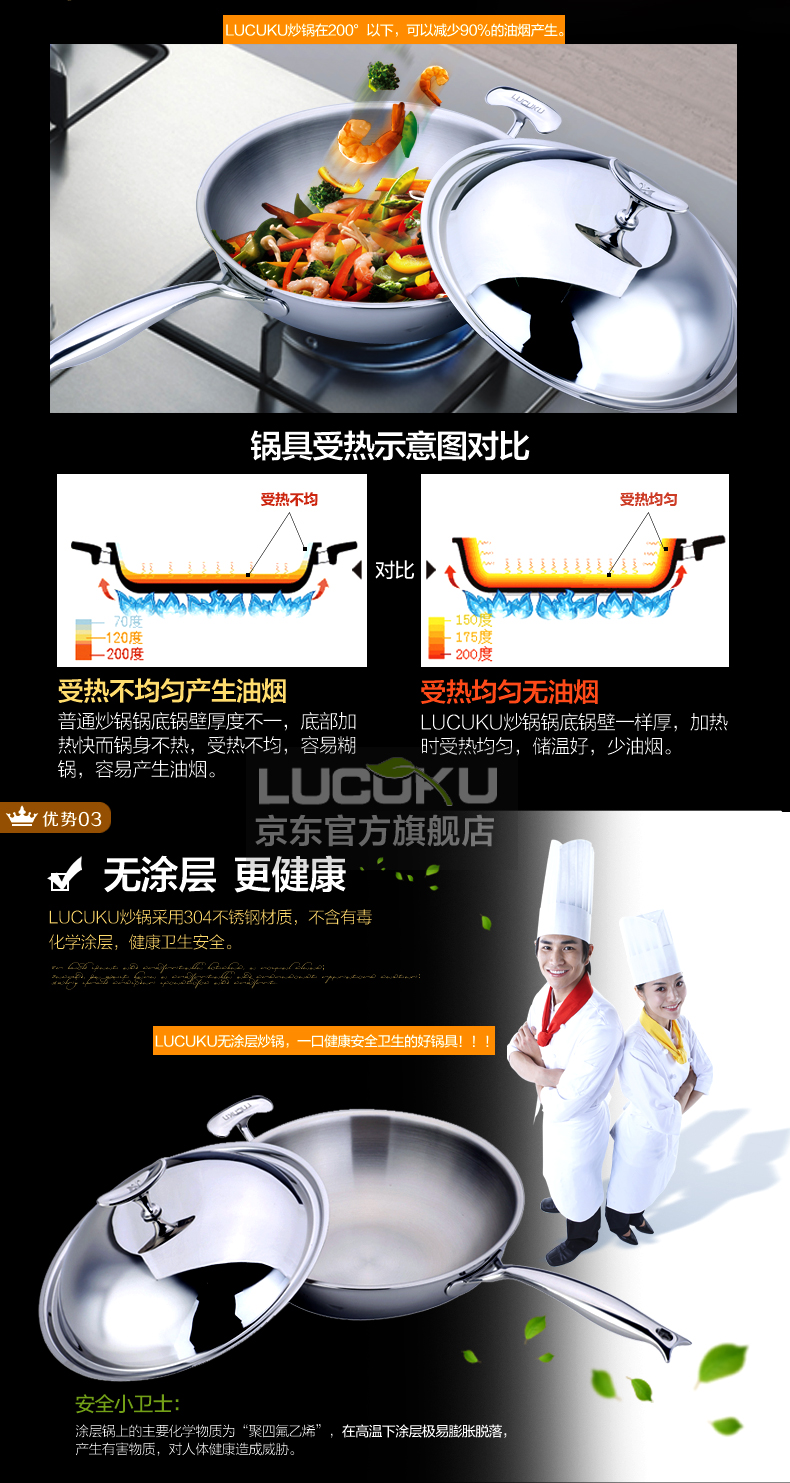 
                                        路卡酷（LUCUKU） 304不锈钢炒锅不易粘锅 低油烟无涂层炒菜锅电磁炉通用 镜光32cm                