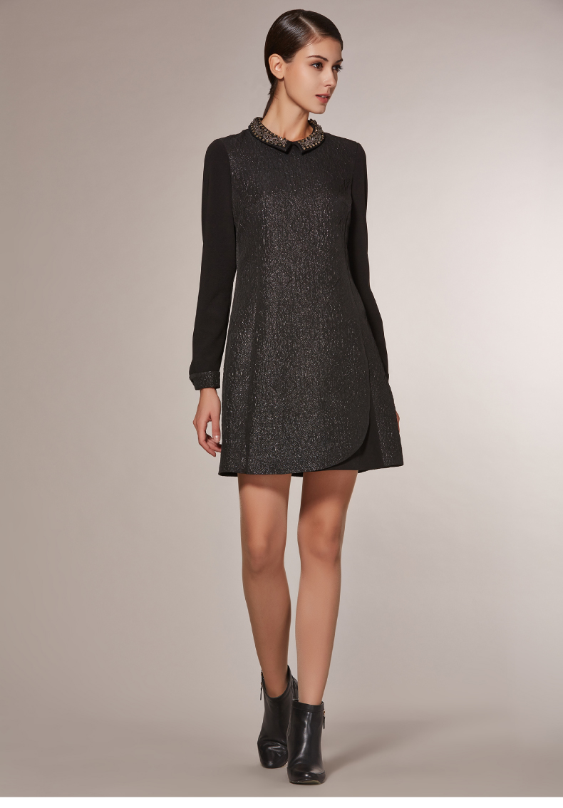 ep 雅莹女装2015新款冬装专柜正品长袖翻领连衣裙4315a 黑色 4/l