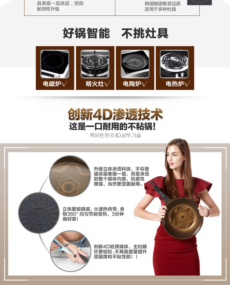 
                                        韩库(highcook)30cm韩国进口4D系列炒锅不粘锅无烟锅电磁炉炒菜锅具(BZ009-ZY)                