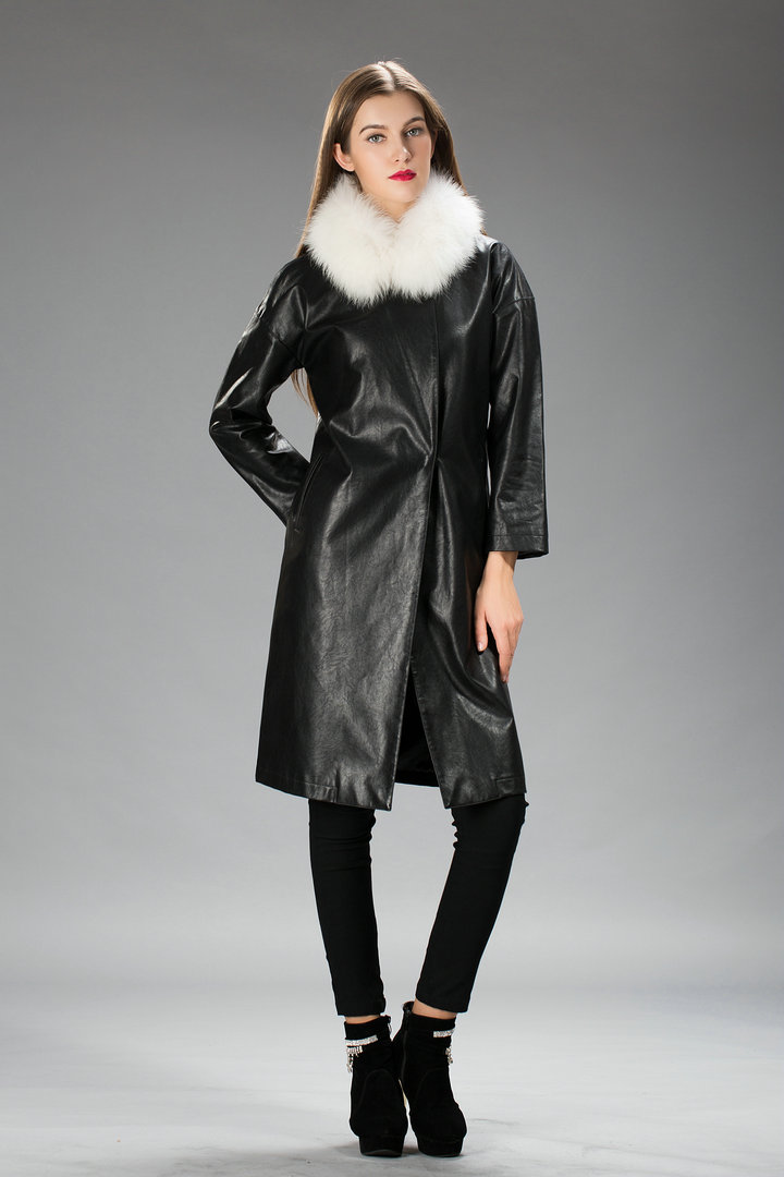 2015秋冬新款英伦范仿貉子毛领洗水皮女风衣中长款修身大衣外套15c36