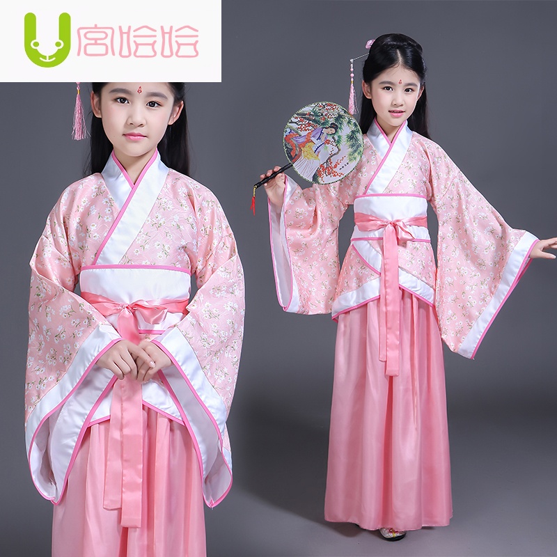 服装女童仙女小姐汉服中小学生唐代书童曲剧公主宫装春秋 粉色碎花
