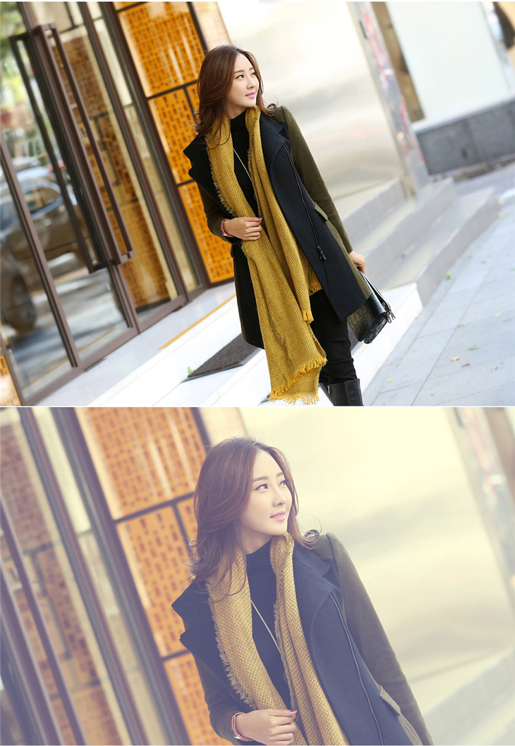婕梦璐2016女装修身撞色中长款外套毛呢大衣女J810 军绿色 XL