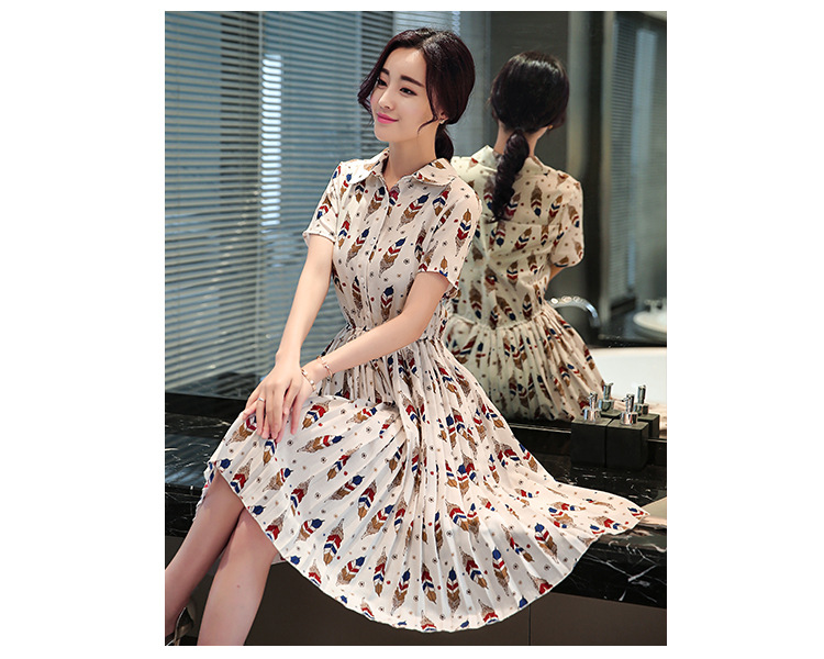 艾琳雪如短裙短袖a字裙单排扣中腰立领甜美花色2016年夏季连衣裙 图片