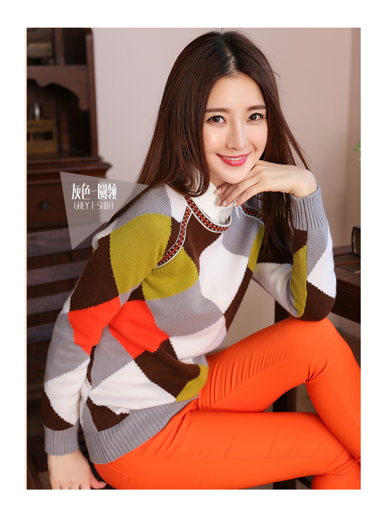 
                                        绒尔丽丝韩版套头女早秋新品女装加厚保暖圆领格子拼色时尚针织毛衣外套 米黄色 L/165                
