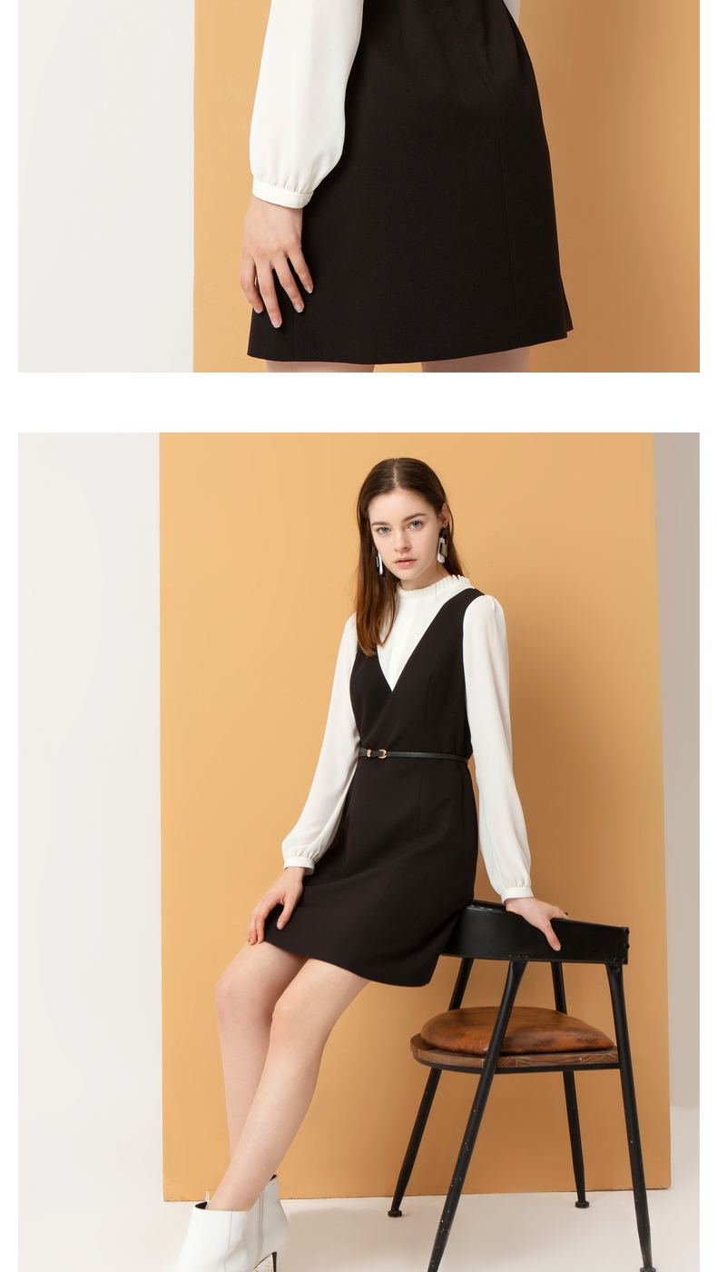 g2000女装长袖连衣裙 季新款黑白拼接百褶立领假两件a字裙00762002