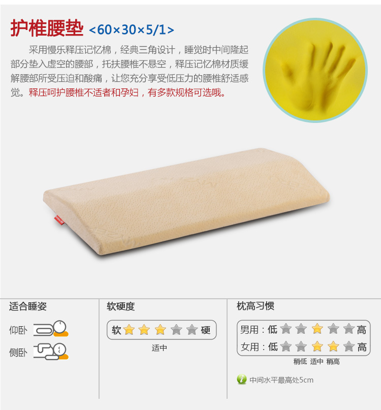 
                                                            慢乐 记忆棉床上腰垫 睡眠护腰枕  慢回弹释压腰椎用护腰靠垫 孕妇腰垫 标准款 (60*28*4cm)                
