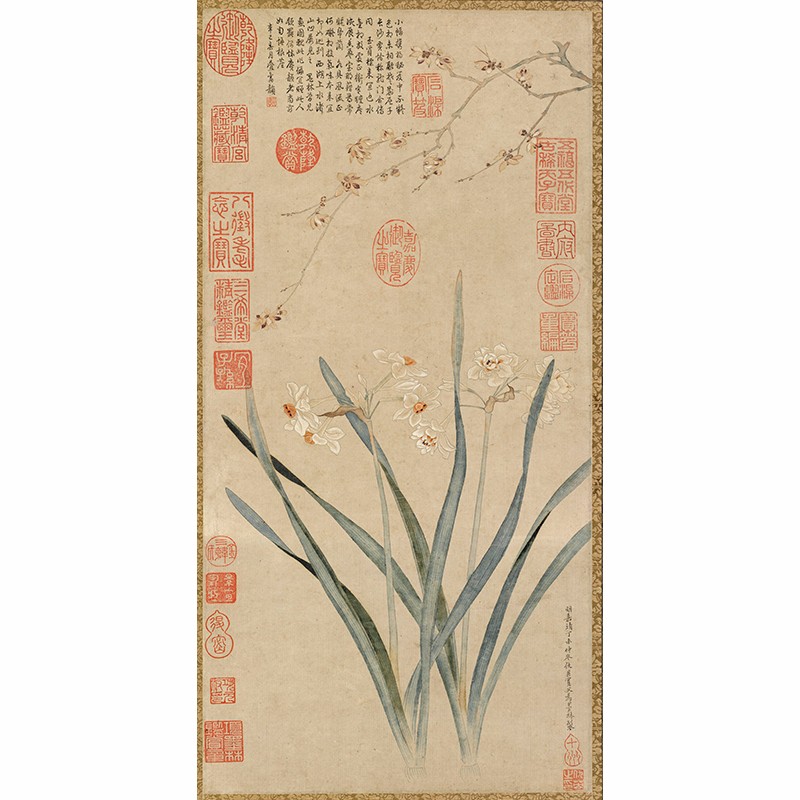 姿翰超高清微喷装饰画明代仇英工笔花鸟画国画复制品梅花水仙图宣纸本