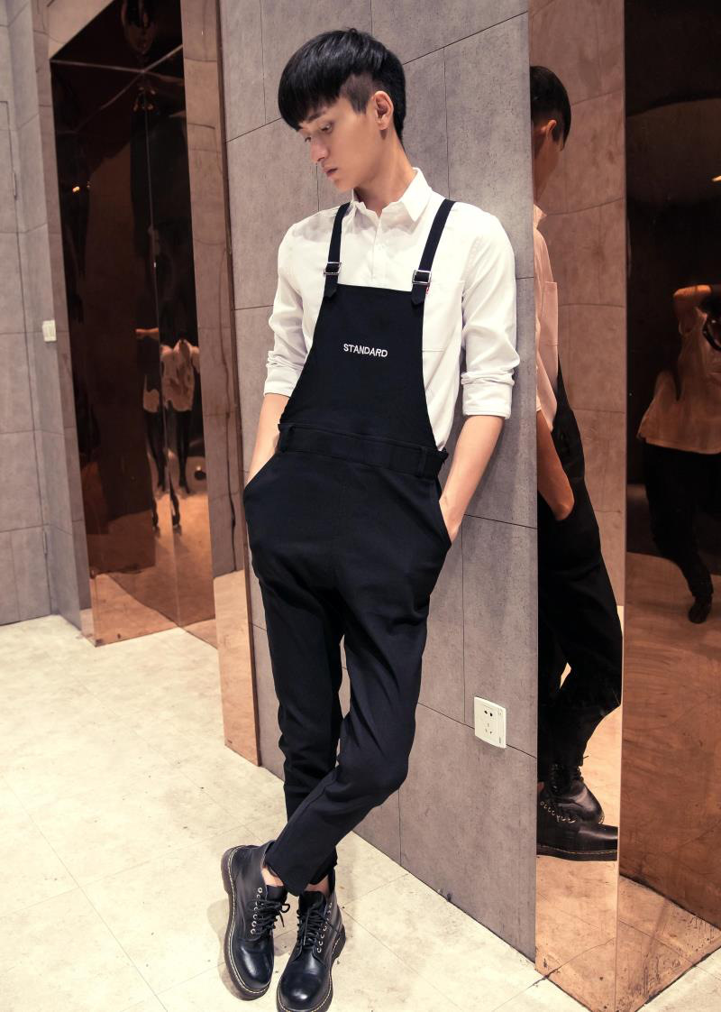 丹杰仕新款韩版情侣背带裤男字母印花吊带裤 修身休闲裤学生班服 黑色