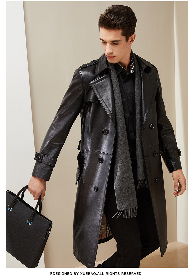 雪豹牛皮皮衣男2019秋冬新款男士西装领双排扣皮风衣轻商务单皮薄款