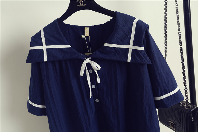 优依密斯2016夏装海军水手服翻领系带休闲短袖衬衫上衣女 白色 均码