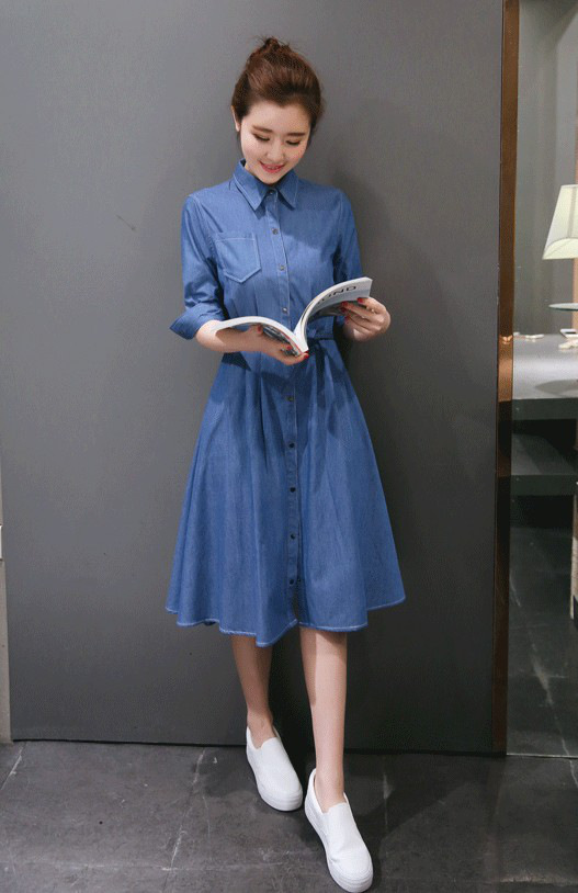 连衣裙夏装新款女装韩版立领荷叶边水洗牛仔a字裙宋慧乔同款 深蓝色 l
