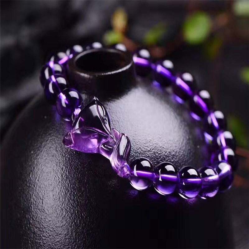 紫水晶粉水晶狐狸手链女单圈情侣手串紫水晶手串生日礼物j 粉水晶狐狸