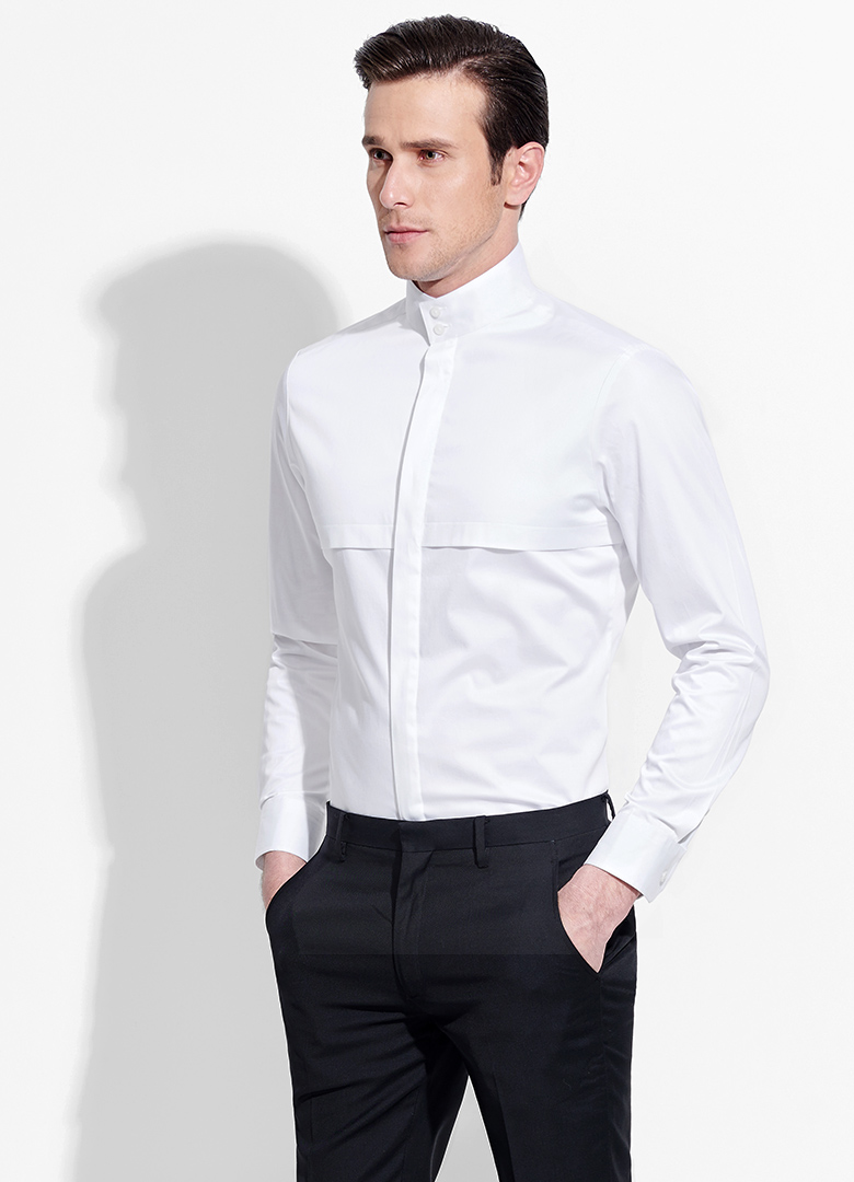 元本basique 新款中国风商务高立领衬衫男士长袖修身时尚拼接衬衣 藏