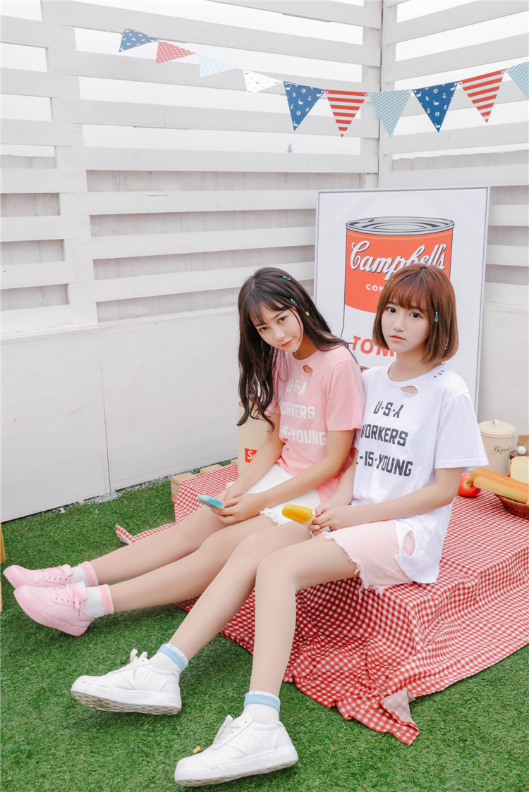 米雪蔓2016夏季闺蜜装字母印花破波圆领短袖t恤 白色 均码