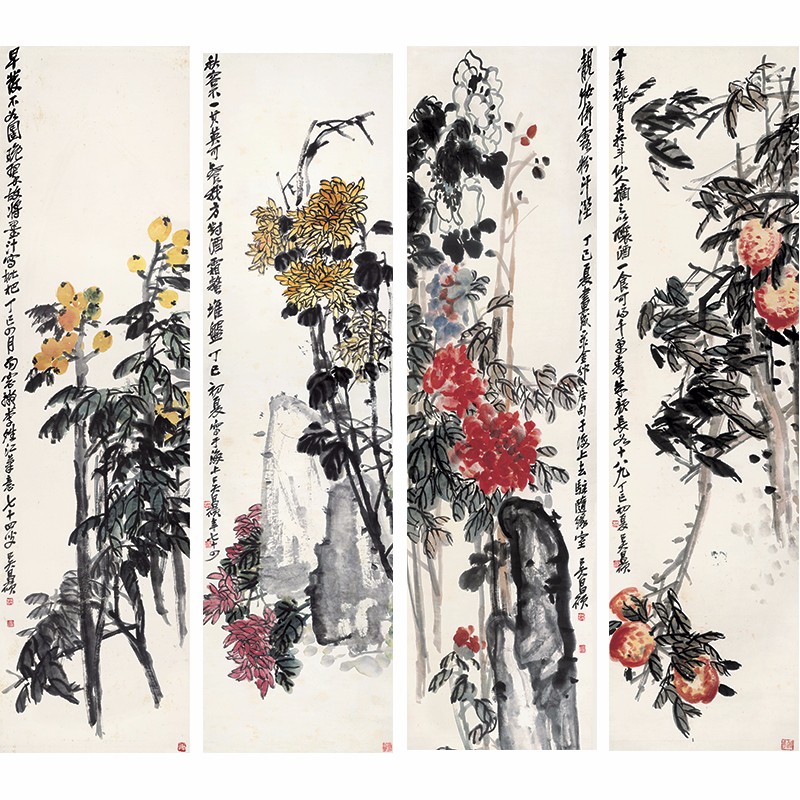 姿翰超高清微喷装饰画清代吴昌硕花鸟四条屏写意花鸟画国画复制品纸本