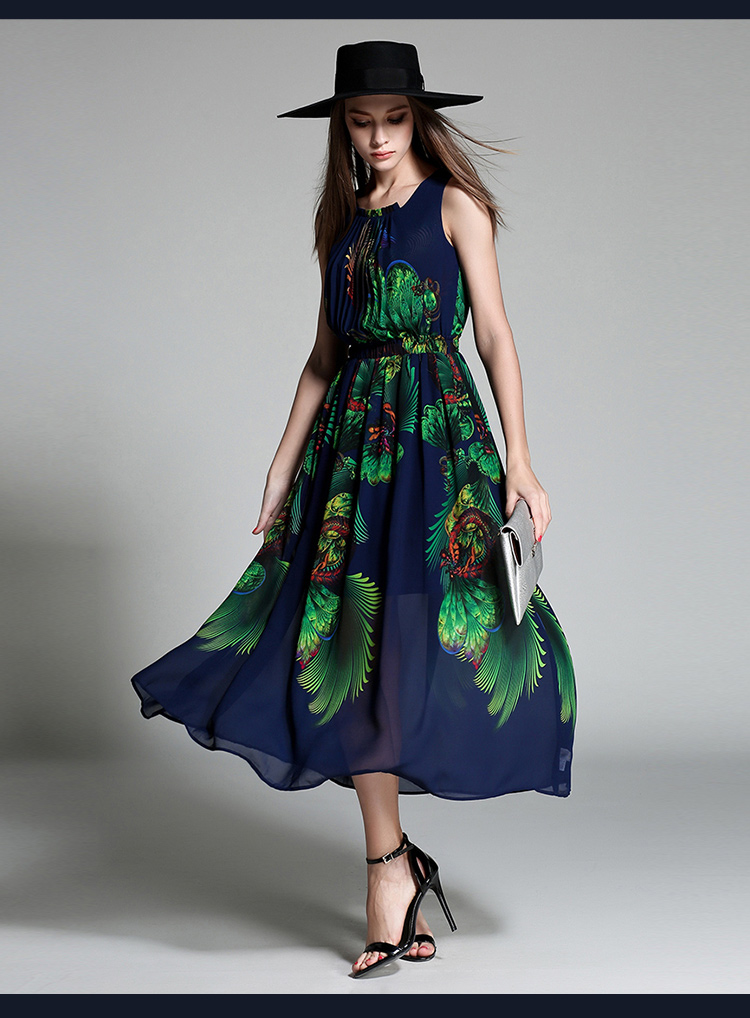 幂缇莎2016夏季新款孔雀印花连衣裙中长款雪纺沙滩裙 图片色 s