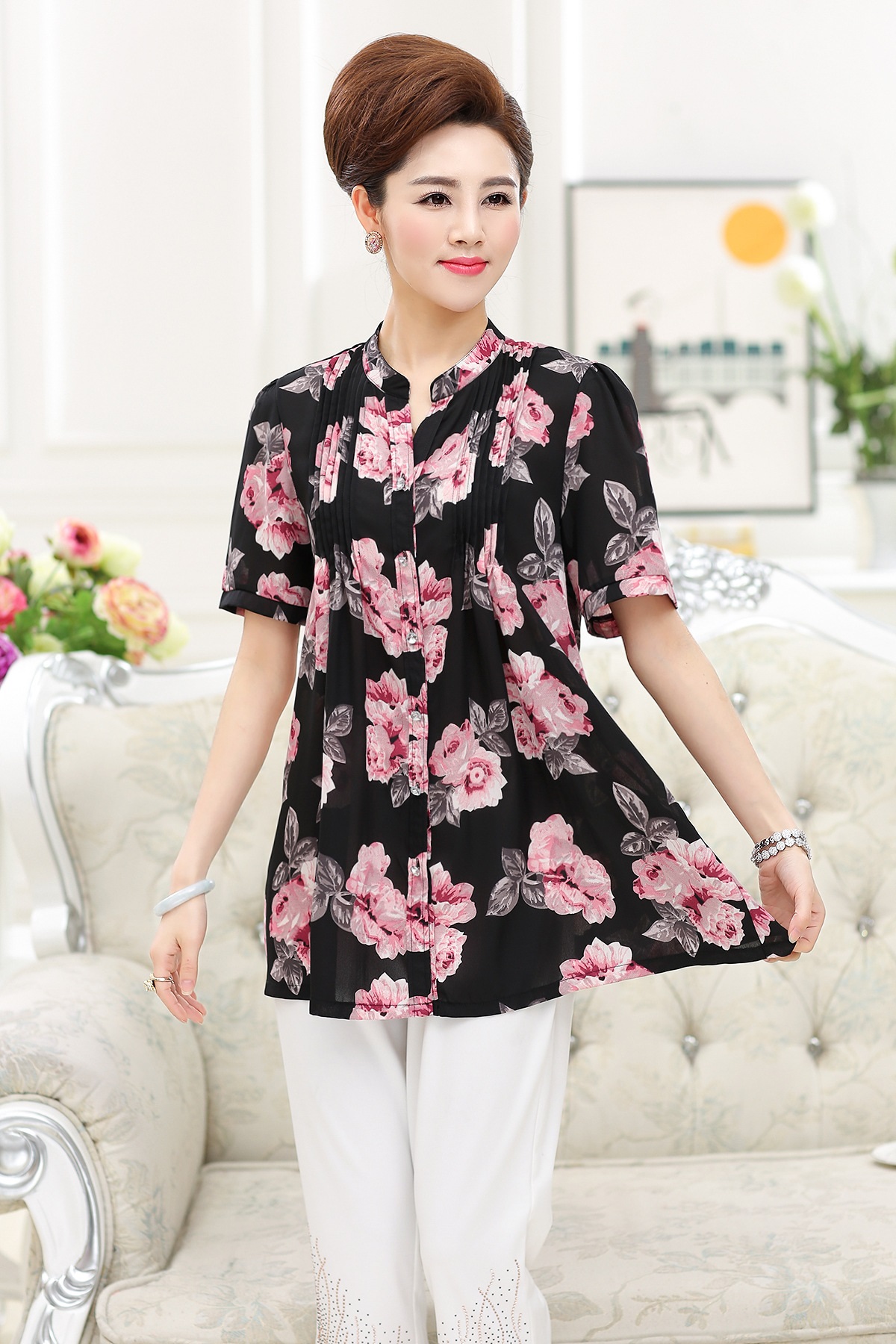 中老年女装春装碎花雪纺衫中袖开衫中年女春夏妈妈装薄款t恤衫 白色