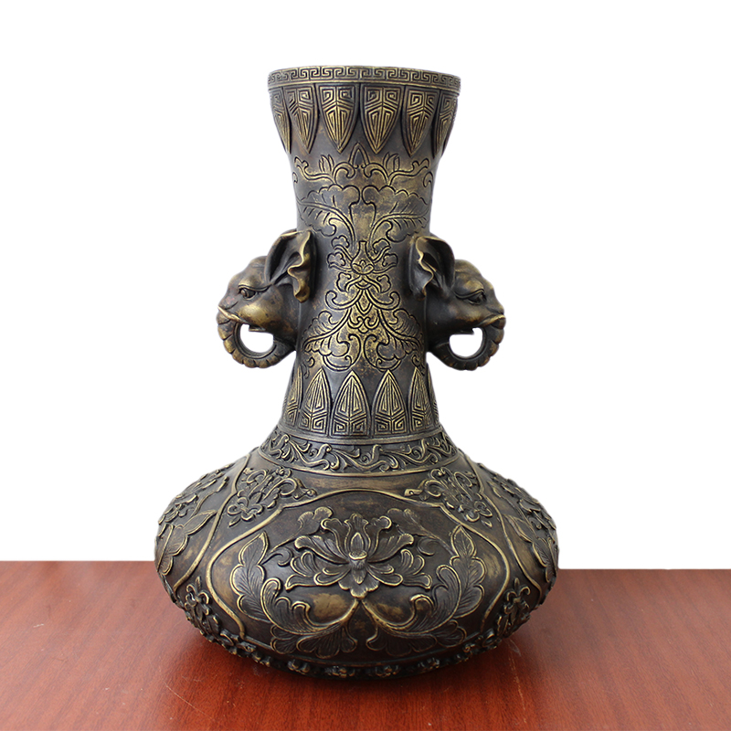 真全铜器纯铜花瓶黄铜花瓶花纹象耳花瓶铜象耳瓶工艺品摆件深色象耳