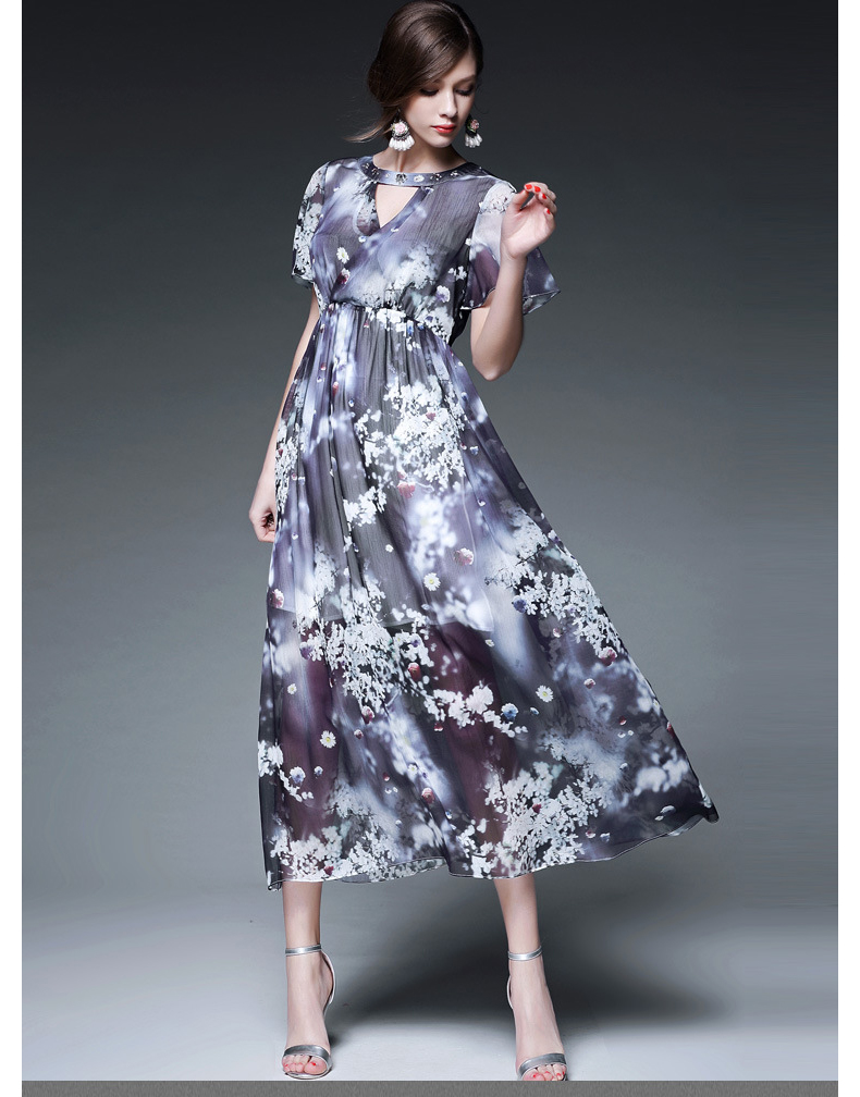 轻奢时尚品牌罗威女装2016夏季新款时尚印花圆领长裙宽松斜开叉短袖