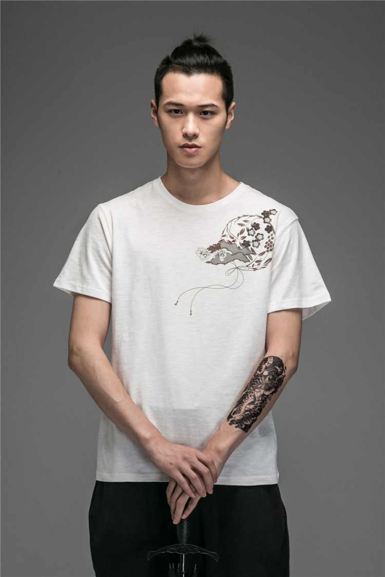 丹杰仕 2015中国风夏季新款t恤 刺绣t恤 男 鲤鱼纯棉短袖t恤男金鱼