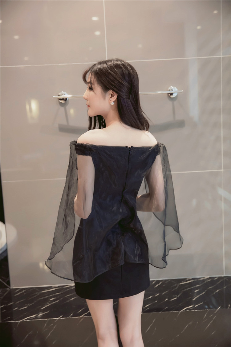 朵域(实拍)性感一字领露肩网纱飘逸修身连衣裙1642 黑色 s