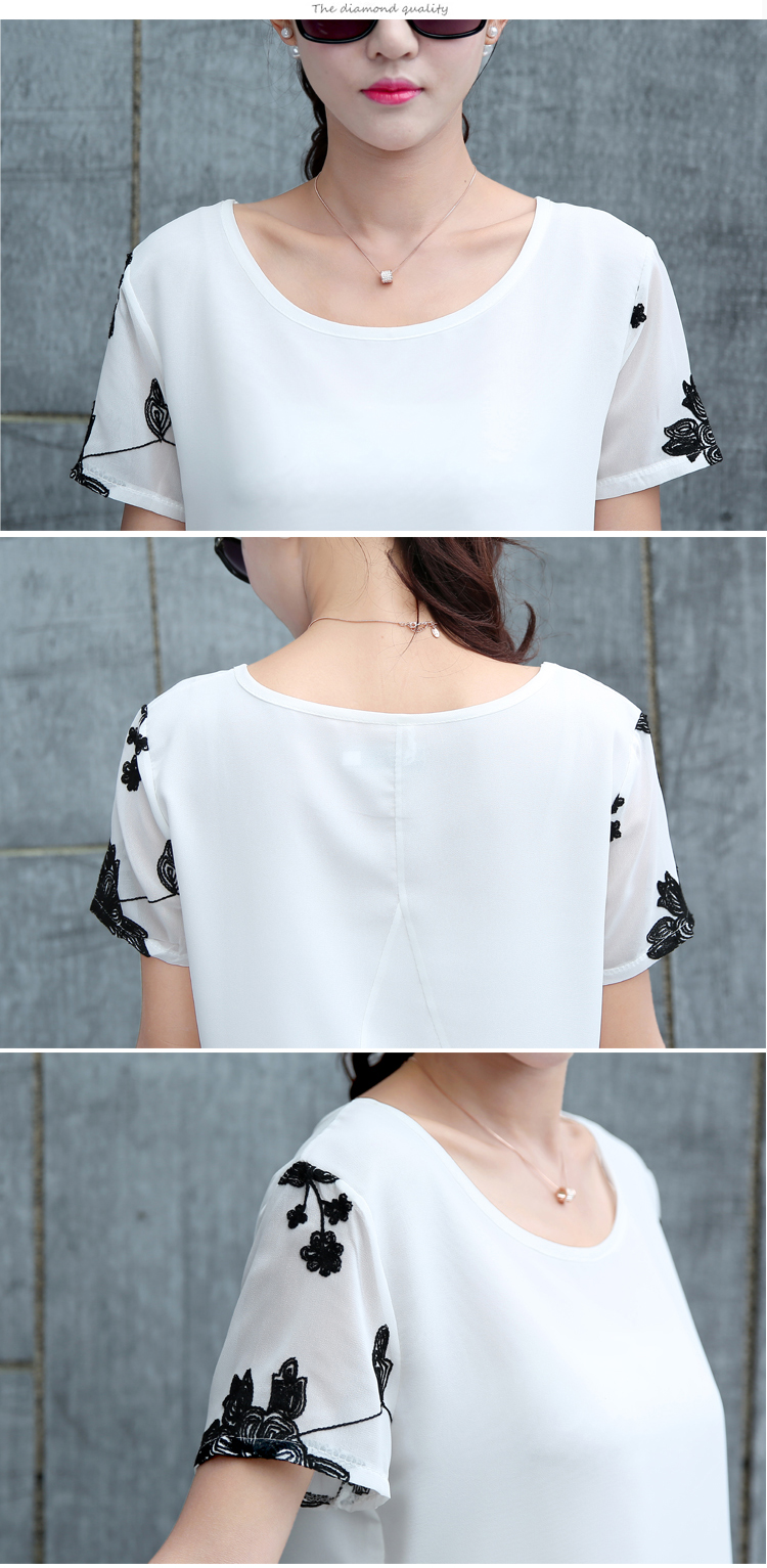 卡微娅2016夏季新款名媛气质修身大码女装刺绣短袖雪纺衫女kwy8260