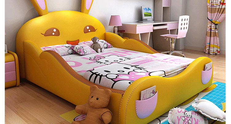 云朵家具儿童床卡通兔子公主床少女孩真皮床小孩子学生单人床实木床带