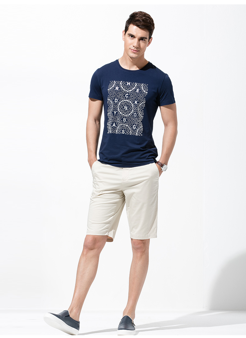 才子男装 2016夏季新品短袖t恤男 圆领 修身时尚印花纯色t恤 白色 48