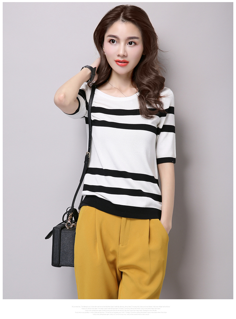 雪夕2016夏季短袖t恤条纹套头薄针织衫 韩版女装修身圆领t恤 128 粉色