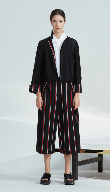 zhuchongyun朱崇恽2018秋冬新款条纹h型阔腿裤子 黛黑 l