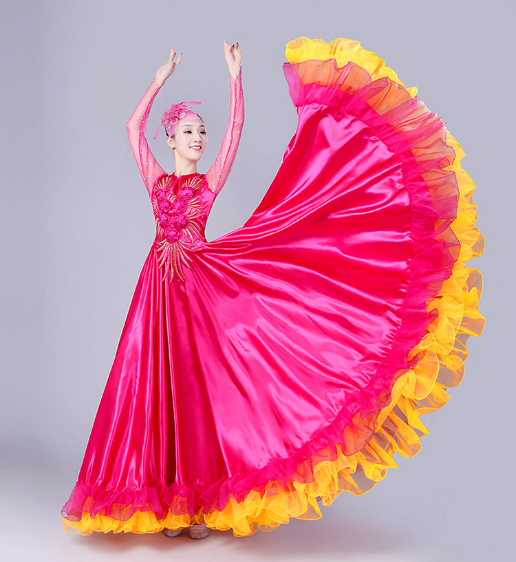 服女亮片大合唱长裙舞台表演服开场舞大摆裙演出服装玫红色180度xl