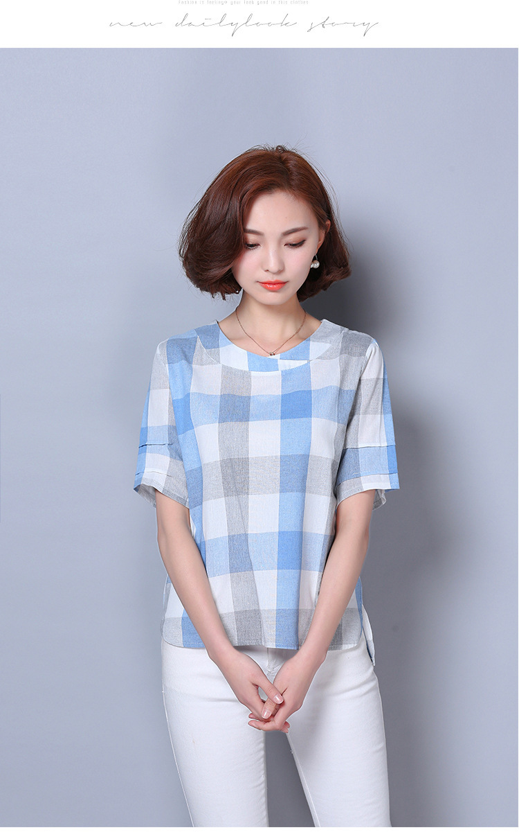 音t恤衫连衣裙2016宽松亚麻格子短袖衬衫女圆领大码休闲棉麻t恤女装
