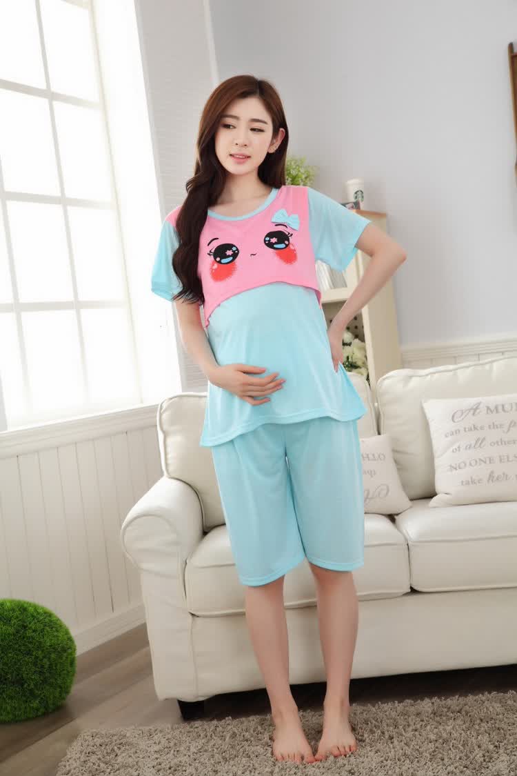 夏季针织棉薄款孕妇睡衣短袖卡通大码七分裤产后哺乳喂奶家居服 粉红