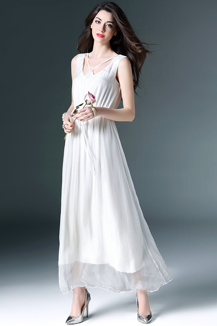 谷冬女装*欧美2016春夏真丝长裙钉珠桑蚕丝收腰无袖长款连衣裙沙滩