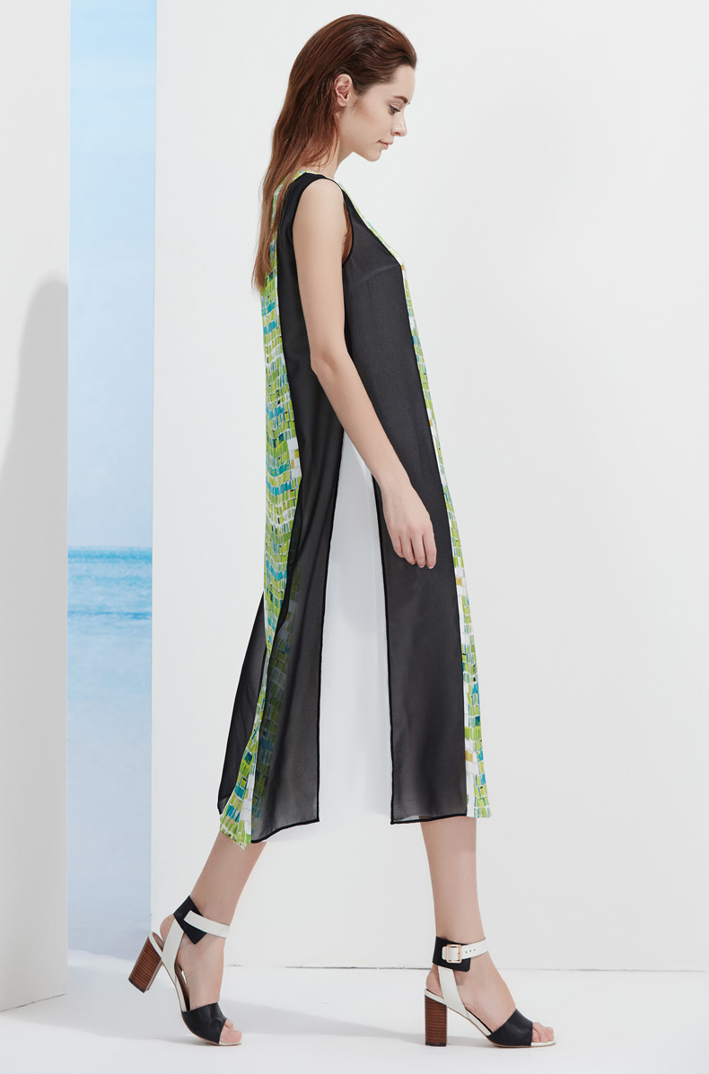 meacheal米茜尔 简约时尚真丝连衣裙 专柜正品2016夏季新款女装 黑绿