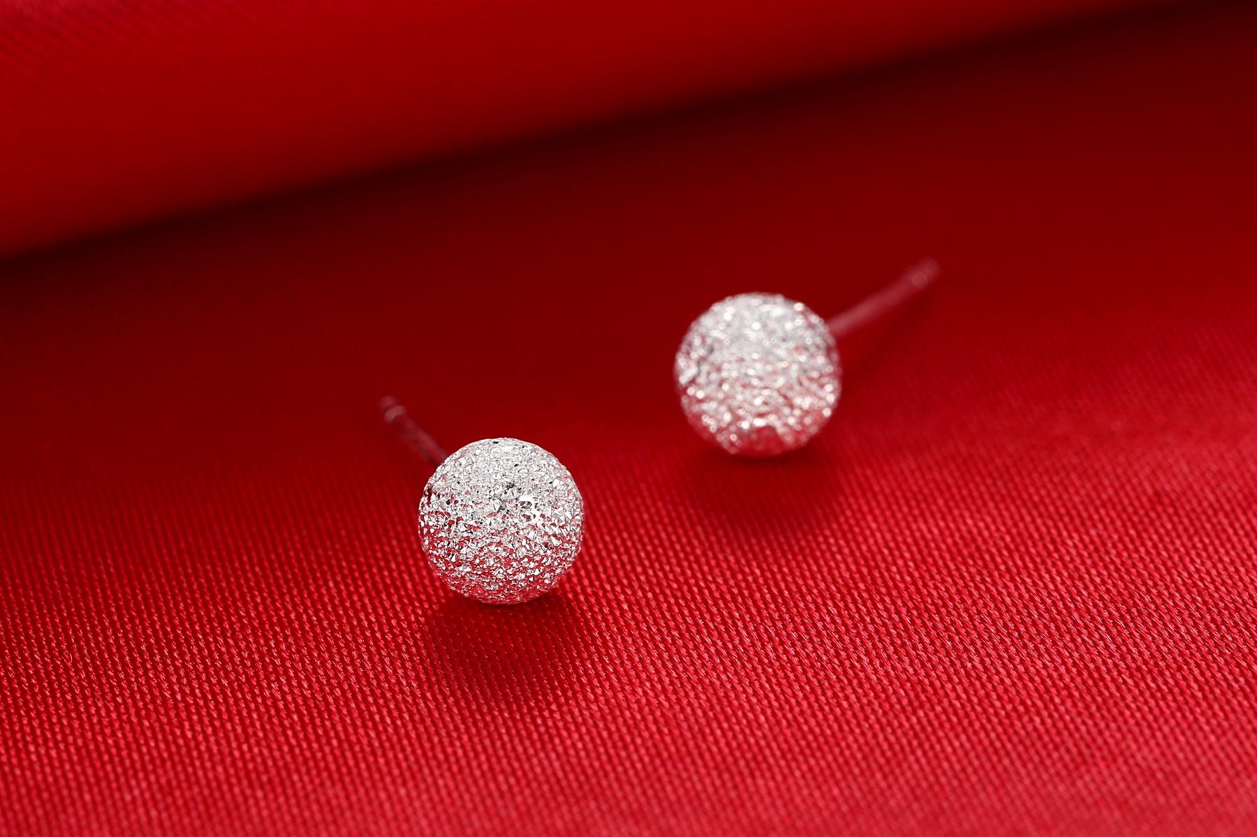 纯已久银饰银耳钉990足银耳钉时尚光面磨砂带勾直针耳针女士圆珠子银