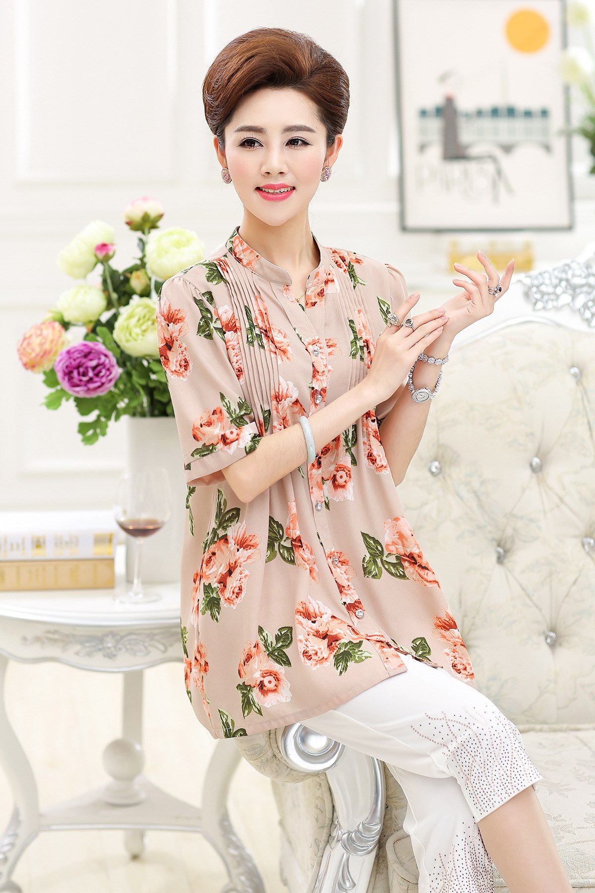 中老年女装春装碎花雪纺衫中袖开衫中年女春夏妈妈装薄款t恤衫 白色