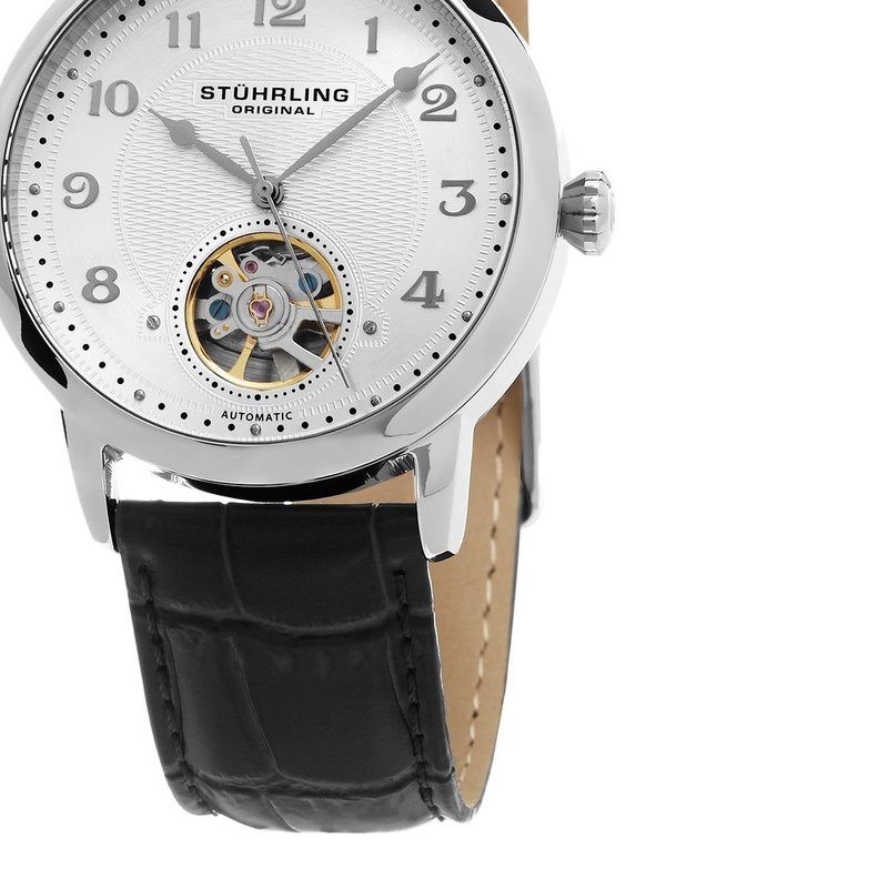 (stuhrling)男款gp15824黑色皮带银色圆表盘简约经典自动机械手表专柜