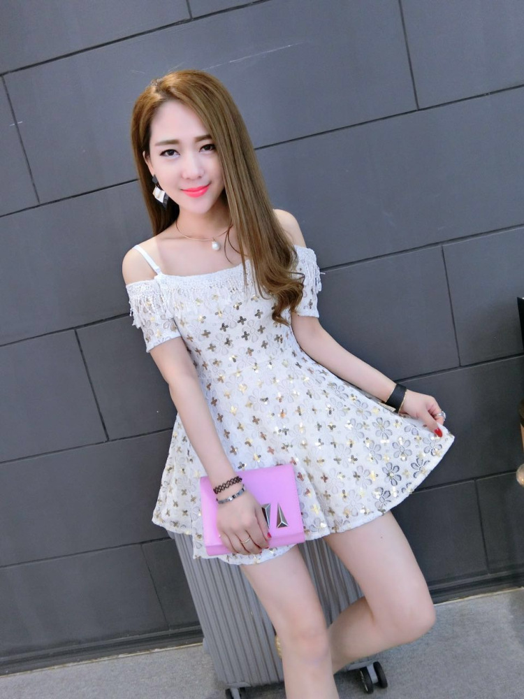 蔻妮卡2016一字领吊带露肩宴会生日小礼服蕾丝亮片公主裙连衣裙 黑色