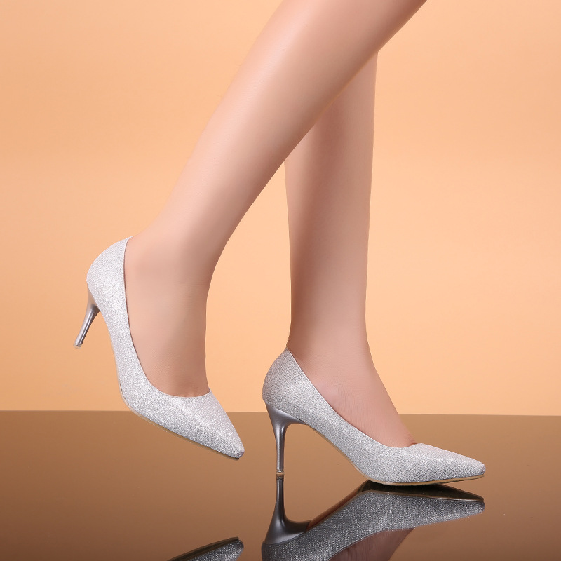 高跟单鞋感高跟鞋亮片细跟尖头浅口单鞋女新款时尚潮流2016春 黑色 34