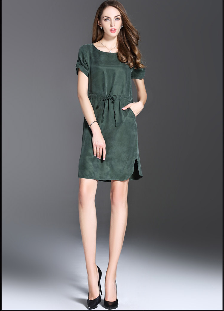 婷婷时尚店欧美款女装2016夏款真丝连衣裙纯色系带短款女装(n116)