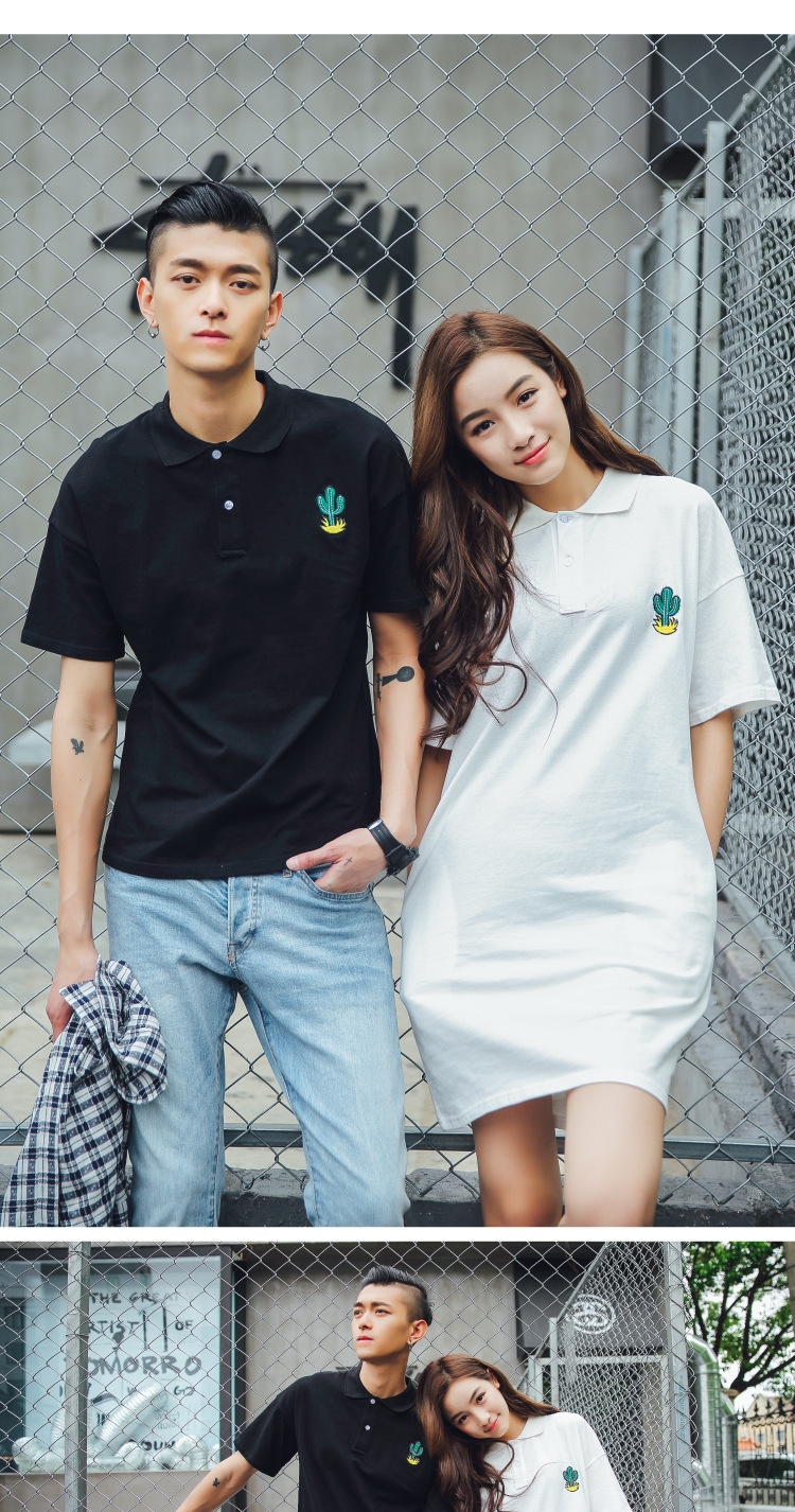 翼阁2016夏装新款男女班服小清新仙人掌刺绣短袖情侣装polo衫 白色 s