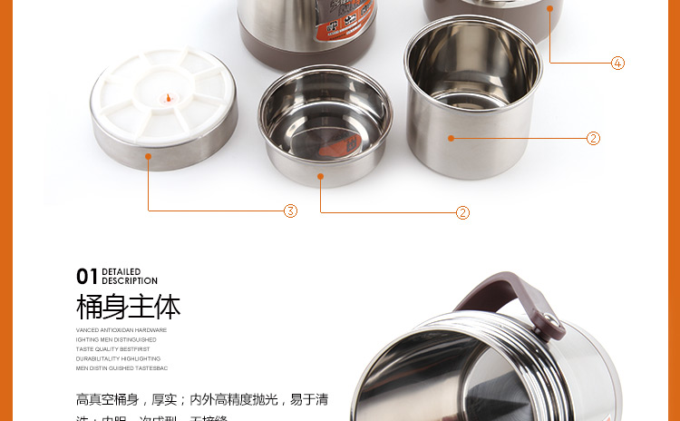 爱丽金多层密封防漏提锅 304不锈钢保温饭盒焖烧锅真空保温桶 三层大容量饭桶 装汤桶 2.0L