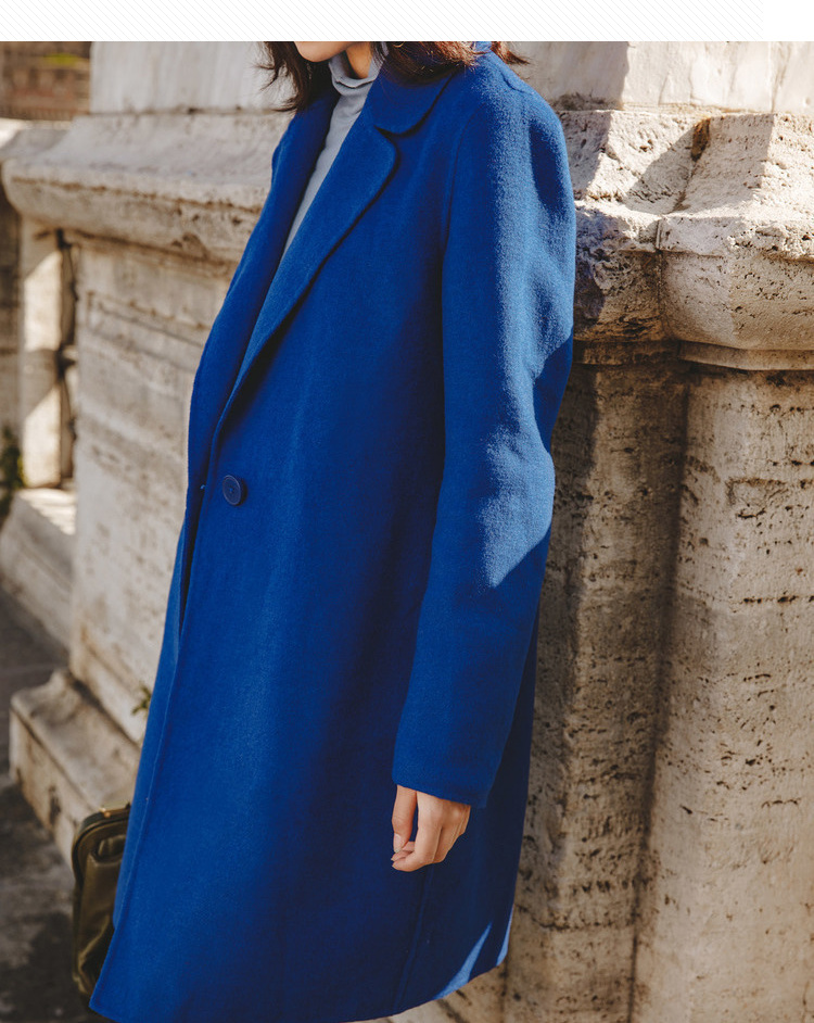 茵曼2018秋装韩版保暖chic毛呢外套呢大衣女1883280492海蓝色s