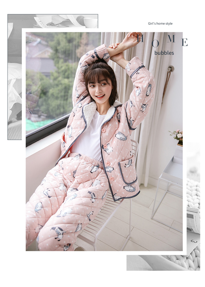 花丛丽影睡衣女珊瑚绒夹棉冬季三层加厚保暖韩版家居服可外穿套装