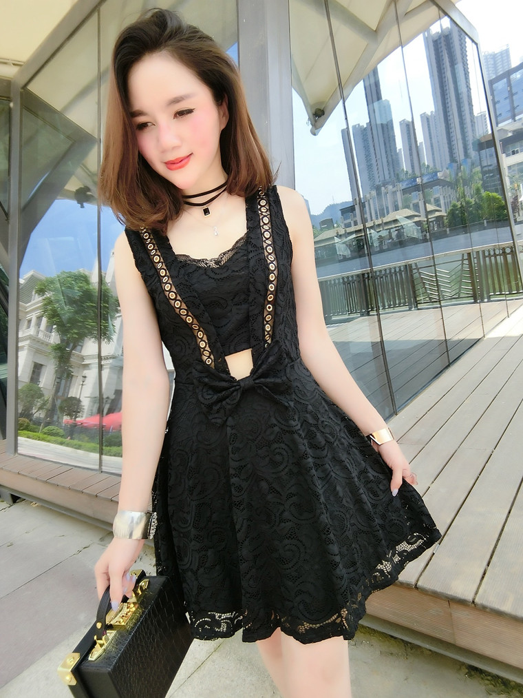 格妃燕 2016夜店女装韩版气质修身蝴蝶结无袖蕾丝镂空连衣裙1823 白色