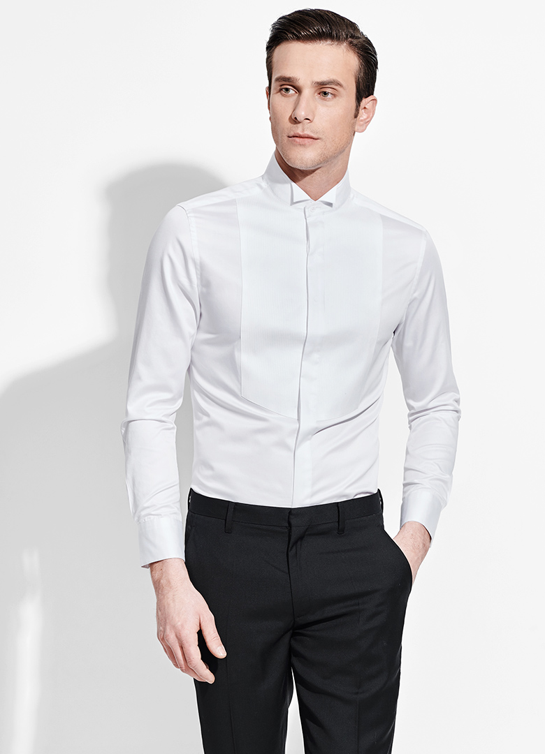 秋冬装燕子领衬衫男士长袖修身新郎正装礼服纯棉白衬衣 白色 s