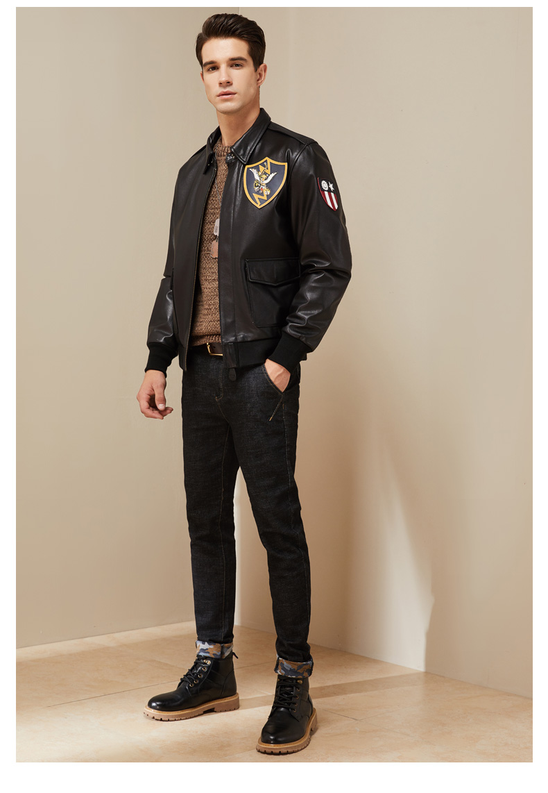 【雪豹mbn01894la1】雪豹皮衣男士牛皮潮款修身短款翻领薄外套秋冬