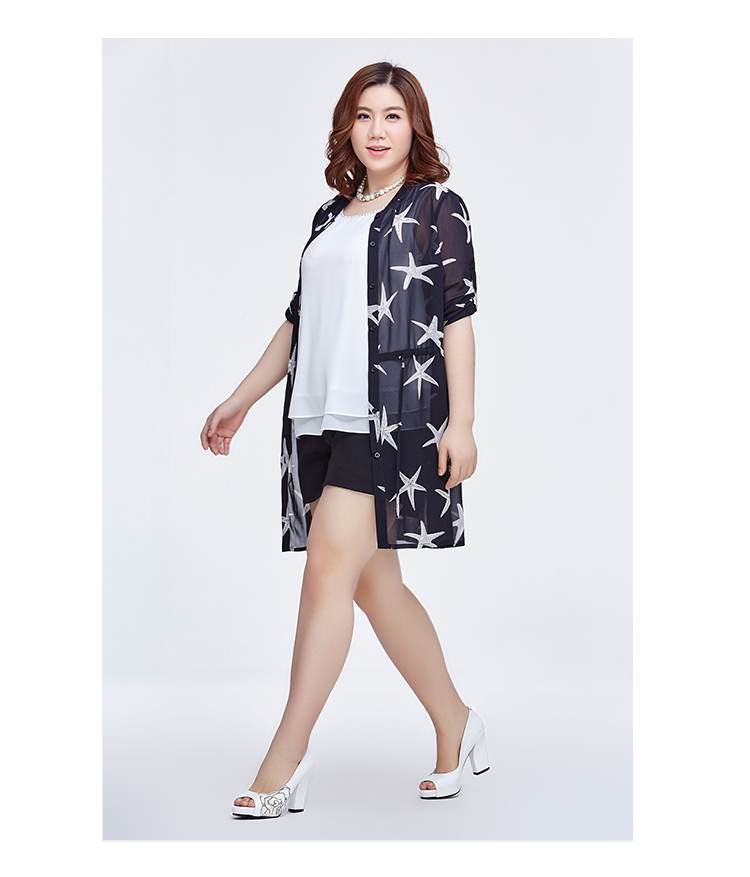 纤莉秀2016夏装新款大码女装胖mm印花可挽7分袖防晒收腰雪纺外套0592